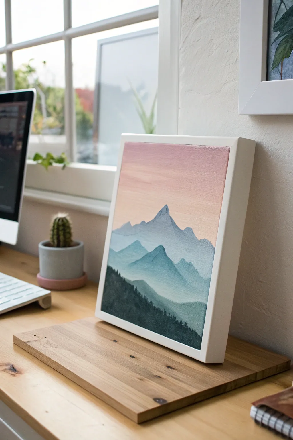 Simple foam board landscape with soft sky blending, styled for a calm Scandinavian desk vibe