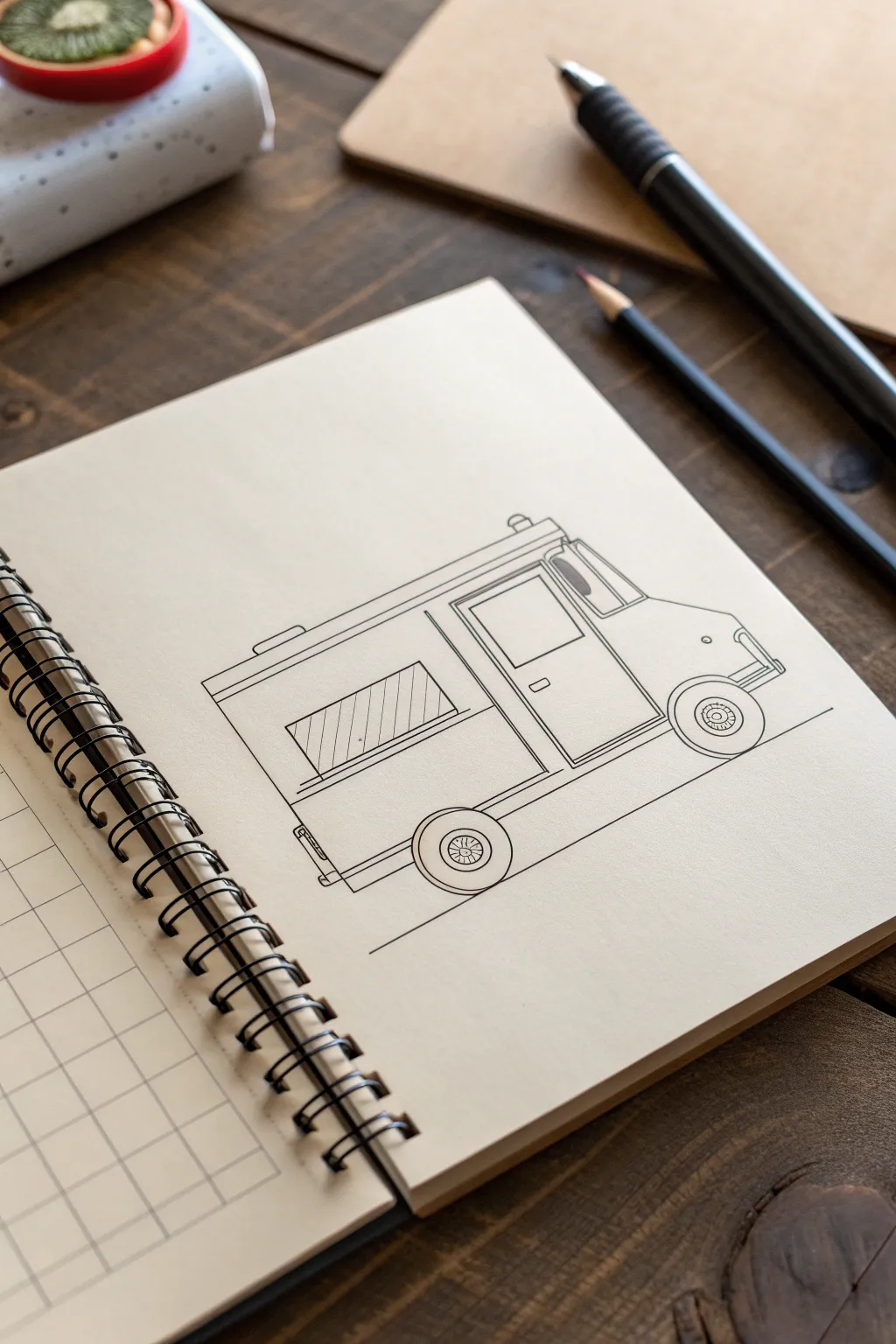 Food truck drawing made easy: shapes first, then a clean finished outline in minimalist style
