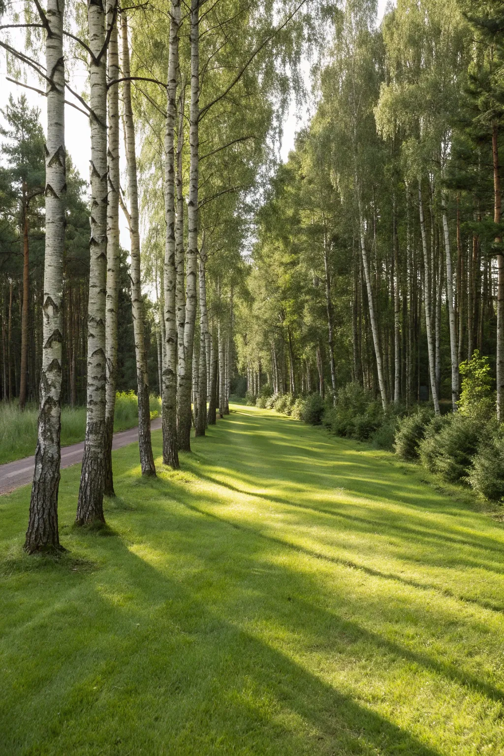 Dappled sunlight brightens a calm lawn-to-treeline boundary, perfect for forest landscape sketches.