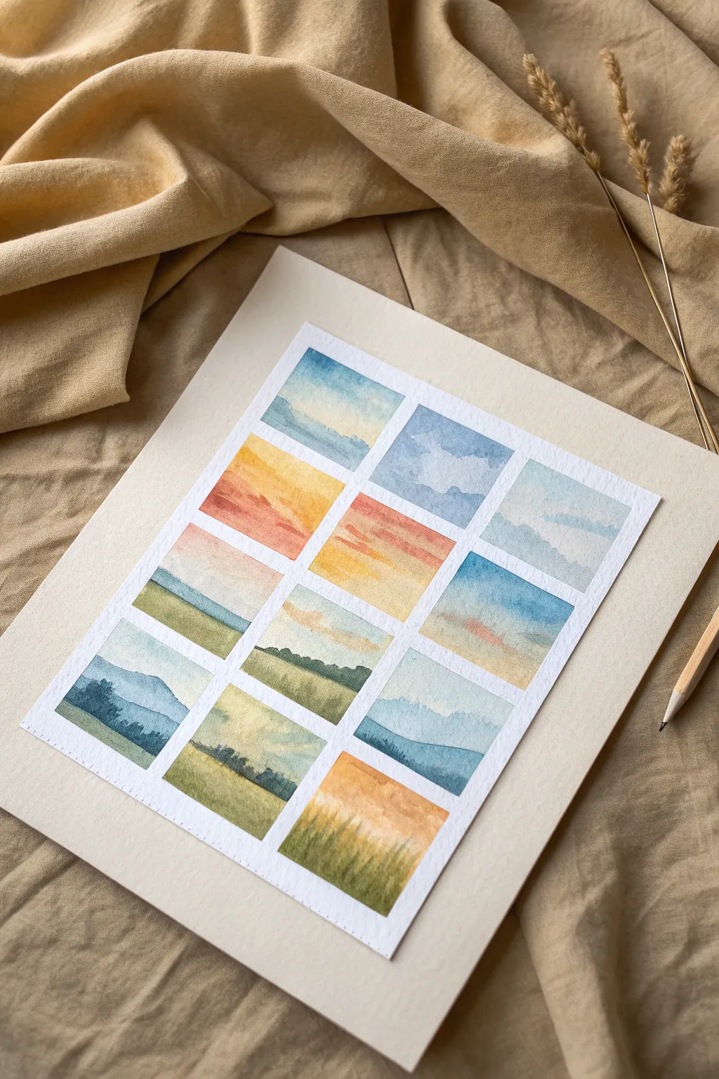 Simple 2x2 seasonal landscape study with one horizon line and four soothing palettes