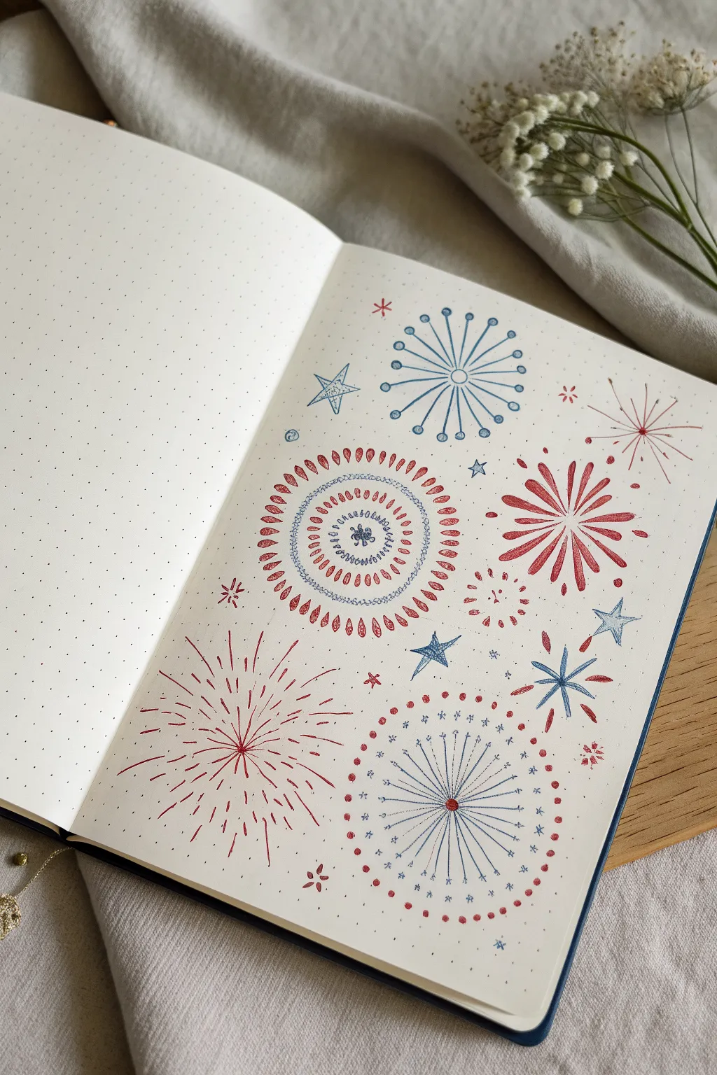 Minimal firework burst clusters in red, white, and blue for easy Fourth of July doodles.