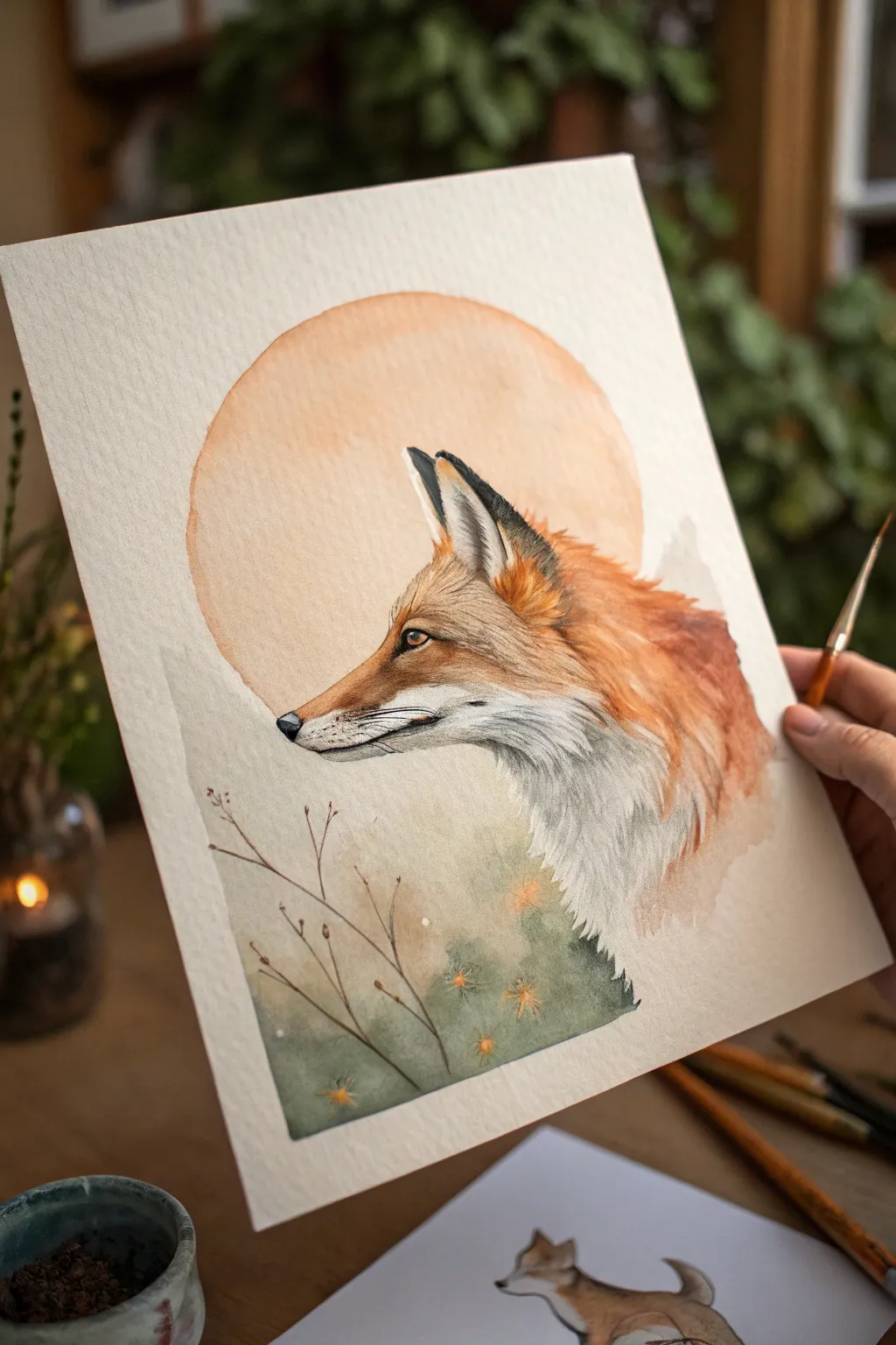 Minimal side-profile fox portrait in warm rust and cream, spotlighted by a soft gradient wash