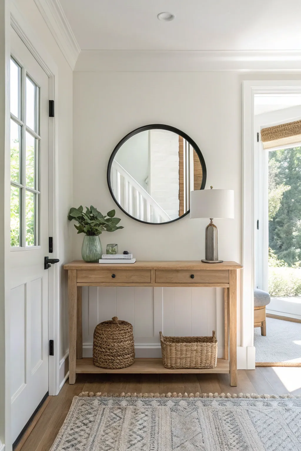Creamy soft-white foyer with a centered round mirror, letting light bounce for a calm minimalist welcome.