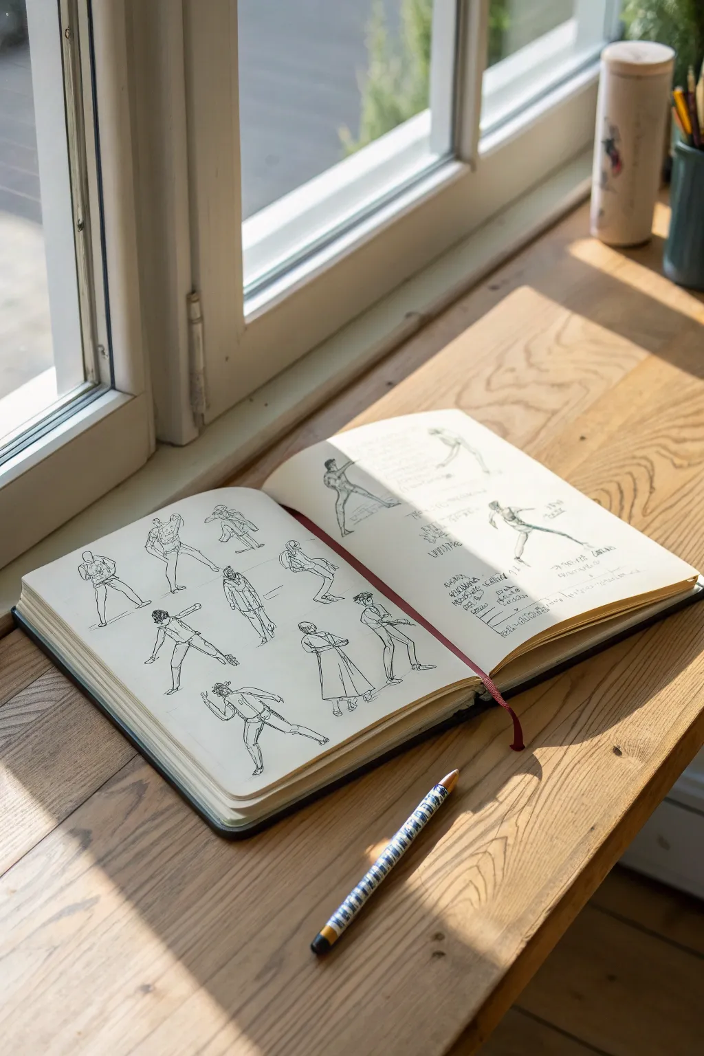 Quick gesture figure studies on a clean sketchbook page, energetic lines and varied poses