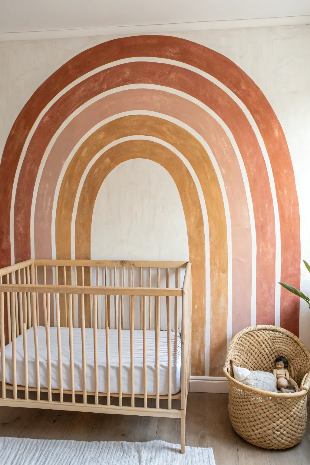 Freehand ombre arches add Scandinavian boho warmth and calm to a minimalist nursery wall