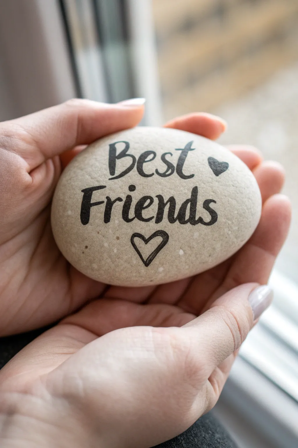 Minimal best friends quote rock in open hands, soft boho tones and crisp lettering