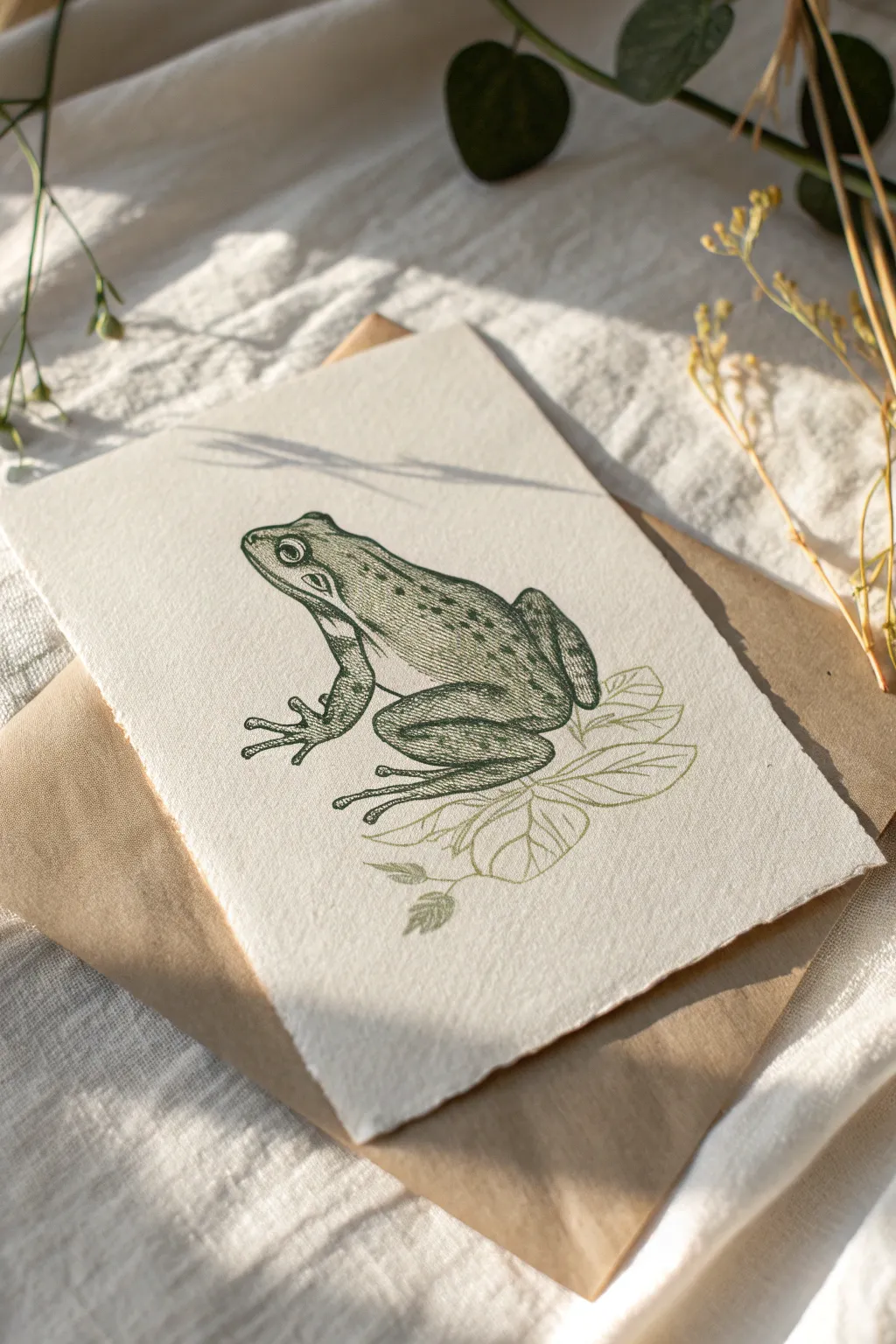 Classic sitting frog pose in minimalist ink and watercolor, with a soft shadow to ground the form.