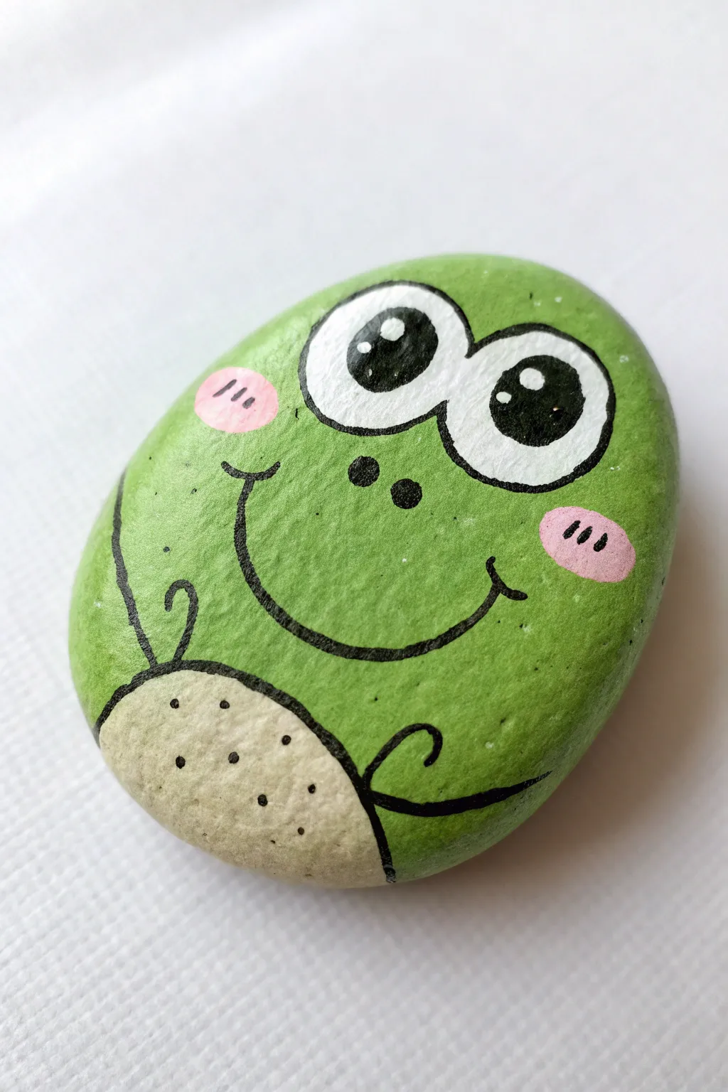 Bright wide-eyed cartoon frog rock on clean white, minimalist and boho-cute with crisp contrast