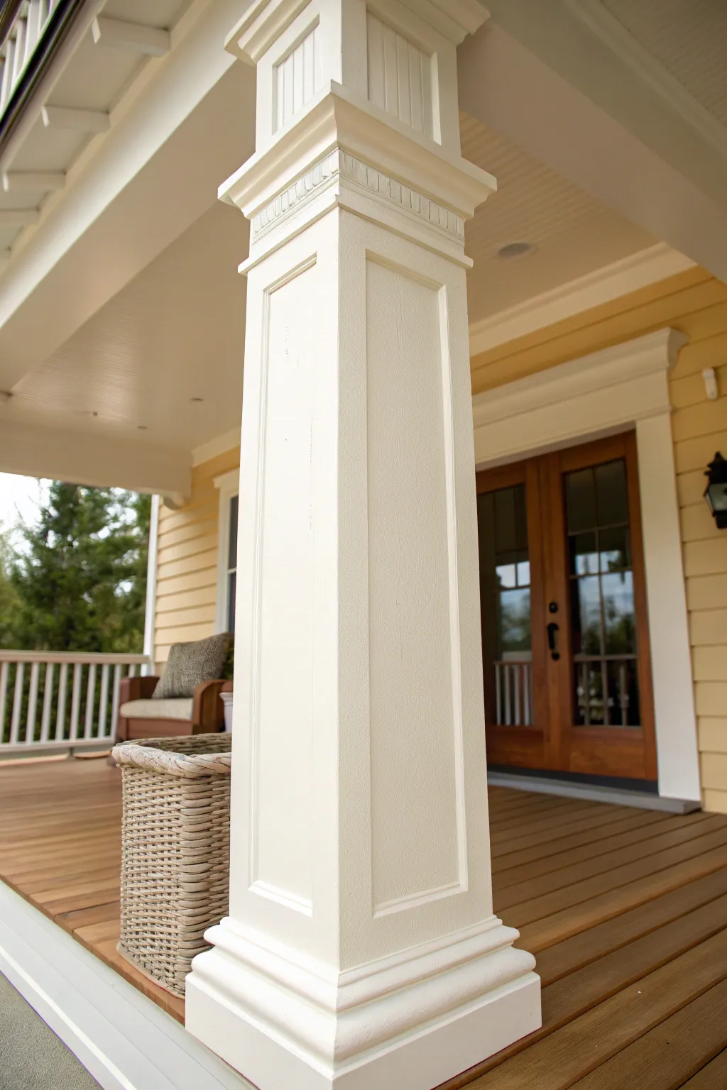 Creamy off-white porch paint glows in afternoon light for a warm, welcoming entry.