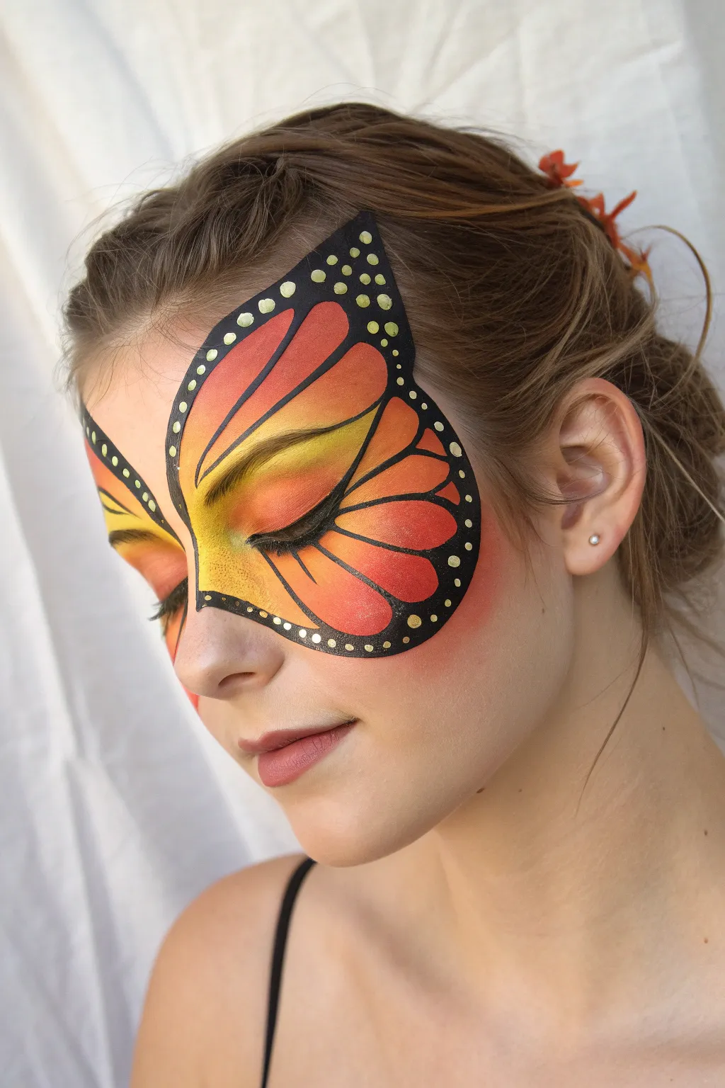 Butterfly wing mask face paint with bold outlines and eyelid wings for a full-face glow