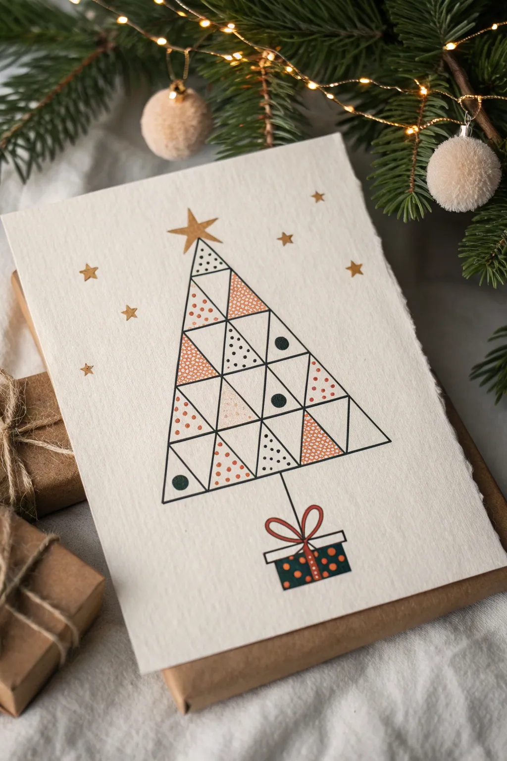 Triangle Christmas tree drawing with simple ornaments, Scandinavian minimal boho charm