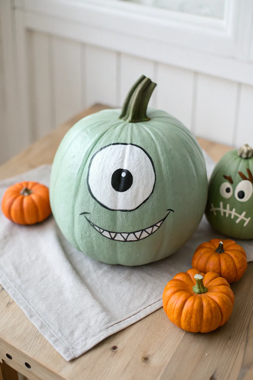 Goofy one-eyed monster pumpkin with a silly grin, minimalist boho setup and bold contrast