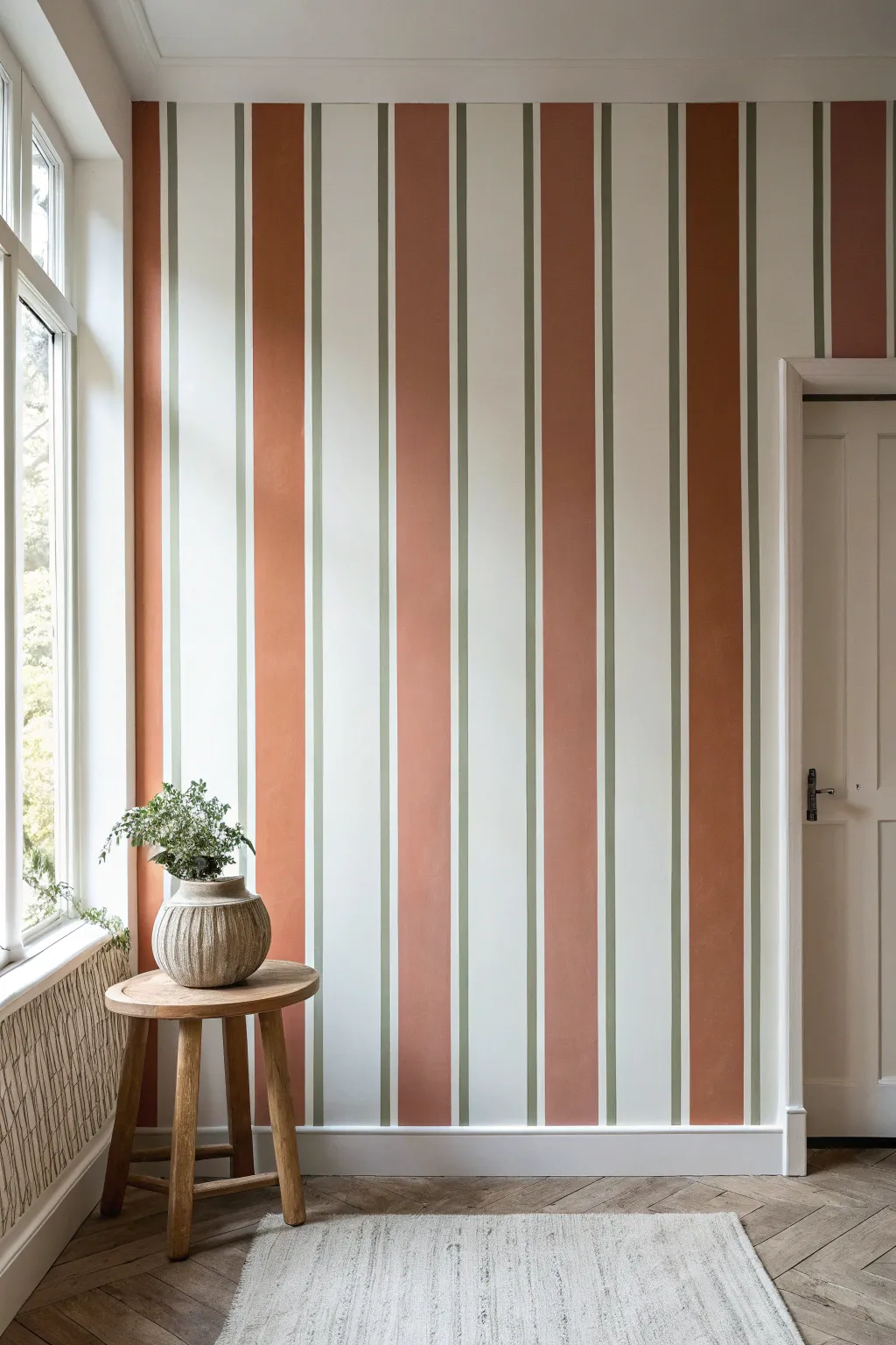 Playful vertical stripes in calm boho colors, framed by warm daylight and a simple oak side table.