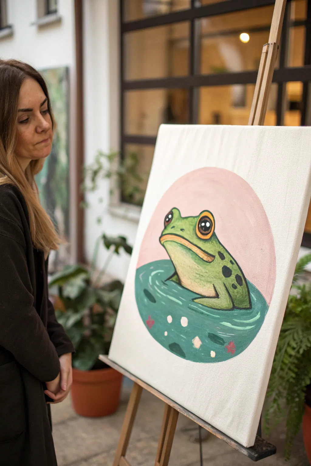 Derpy frog peekaboo acrylic: big goofy eyes, simple ripples, bold color-block backdrop.