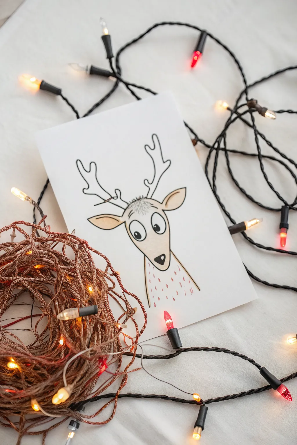 Reindeer tangled in twinkle lights, a cute minimalist Christmas drawing idea with lots of white space