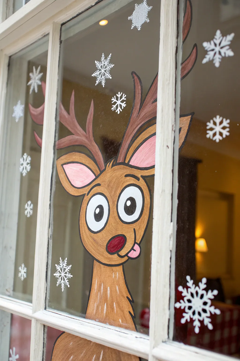 Cross-eyed reindeer window art with wonky antlers and snowflakes, minimalist Nordic-boho charm.