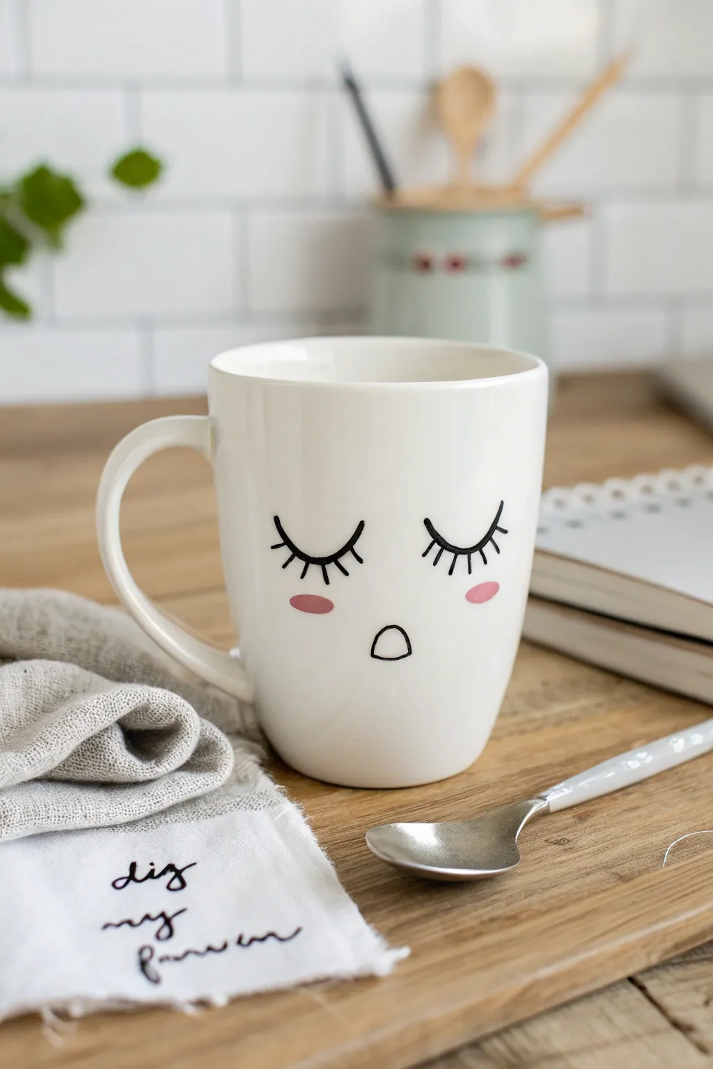 Grumpy morning mug painting idea with sleepy eyes and a tiny frown, cozy minimalist vibes