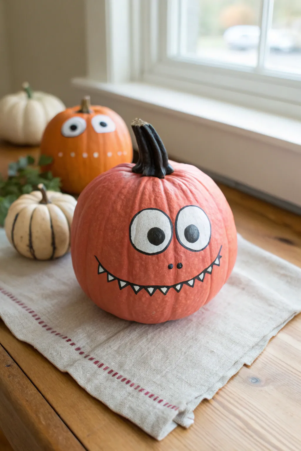 Big googly-eye monster pumpkin with a wobbly grin, styled minimal and cozy for fall
