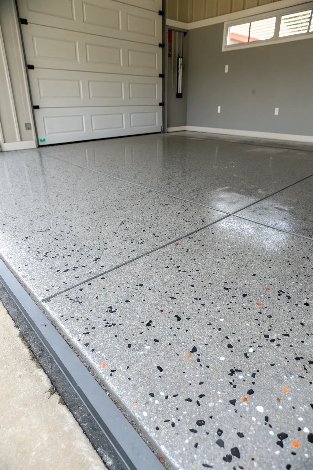 Salt-and-pepper flake garage floor finish that disguises dust and adds clean minimalist texture