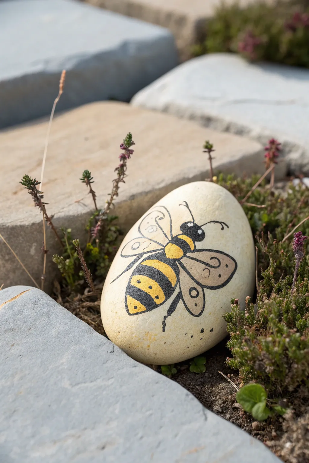 Hand-painted bee and butterfly rock adds a bright pop of color to a calm, minimalist garden path