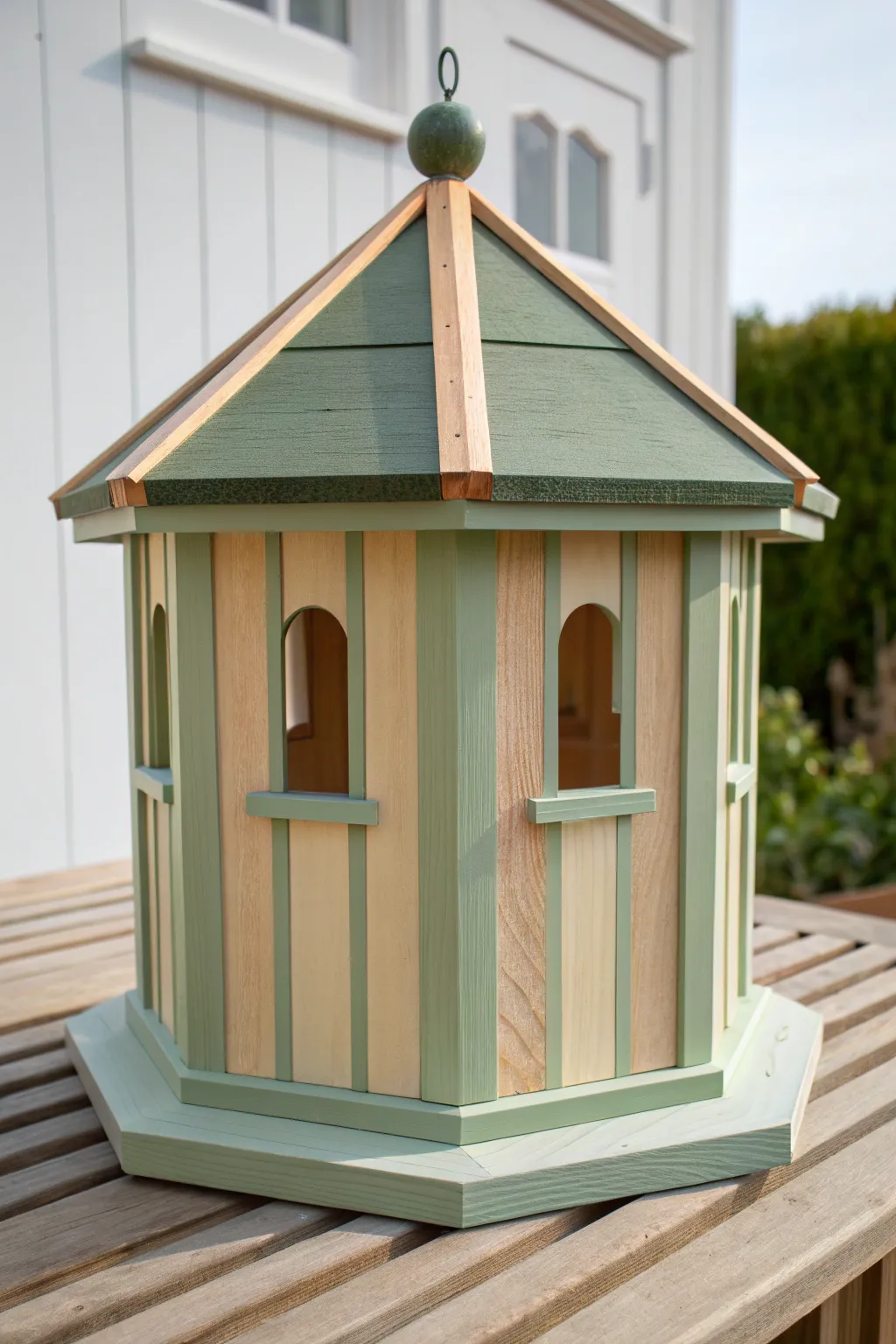 Modern gazebo birdhouse with sage and cream panel color blocking for easy, elegant painting ideas