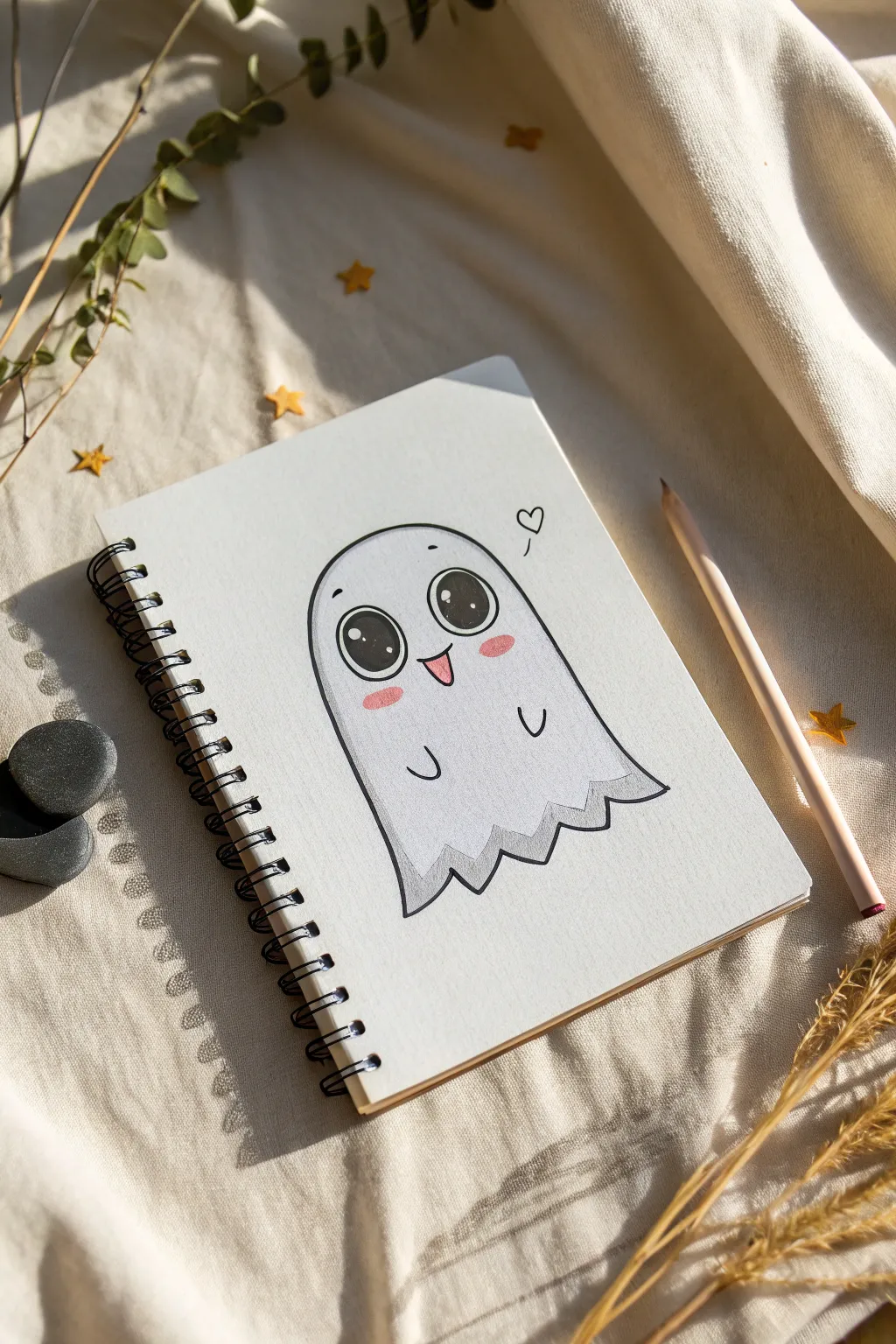 Draw this cute kawaii ghost with big sparkly eyes, blush cheeks, and clean sticker-like shading