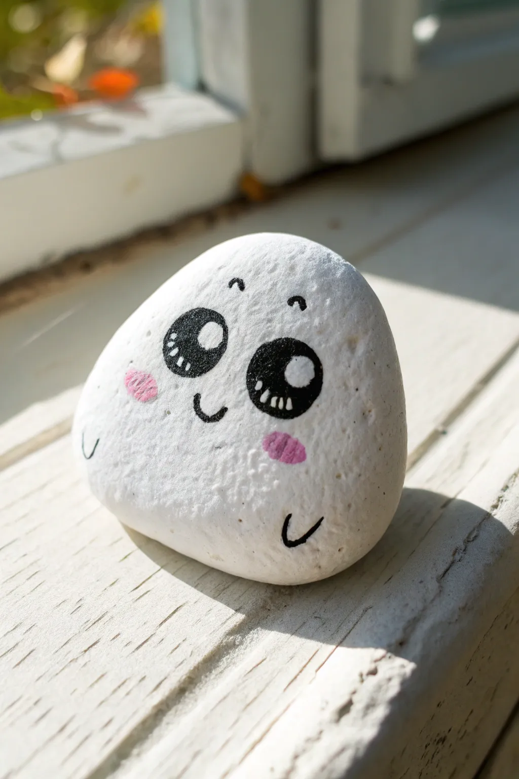 Cute blushing ghost rock with big eyes, simple and sweet for a minimalist boho craft vibe.