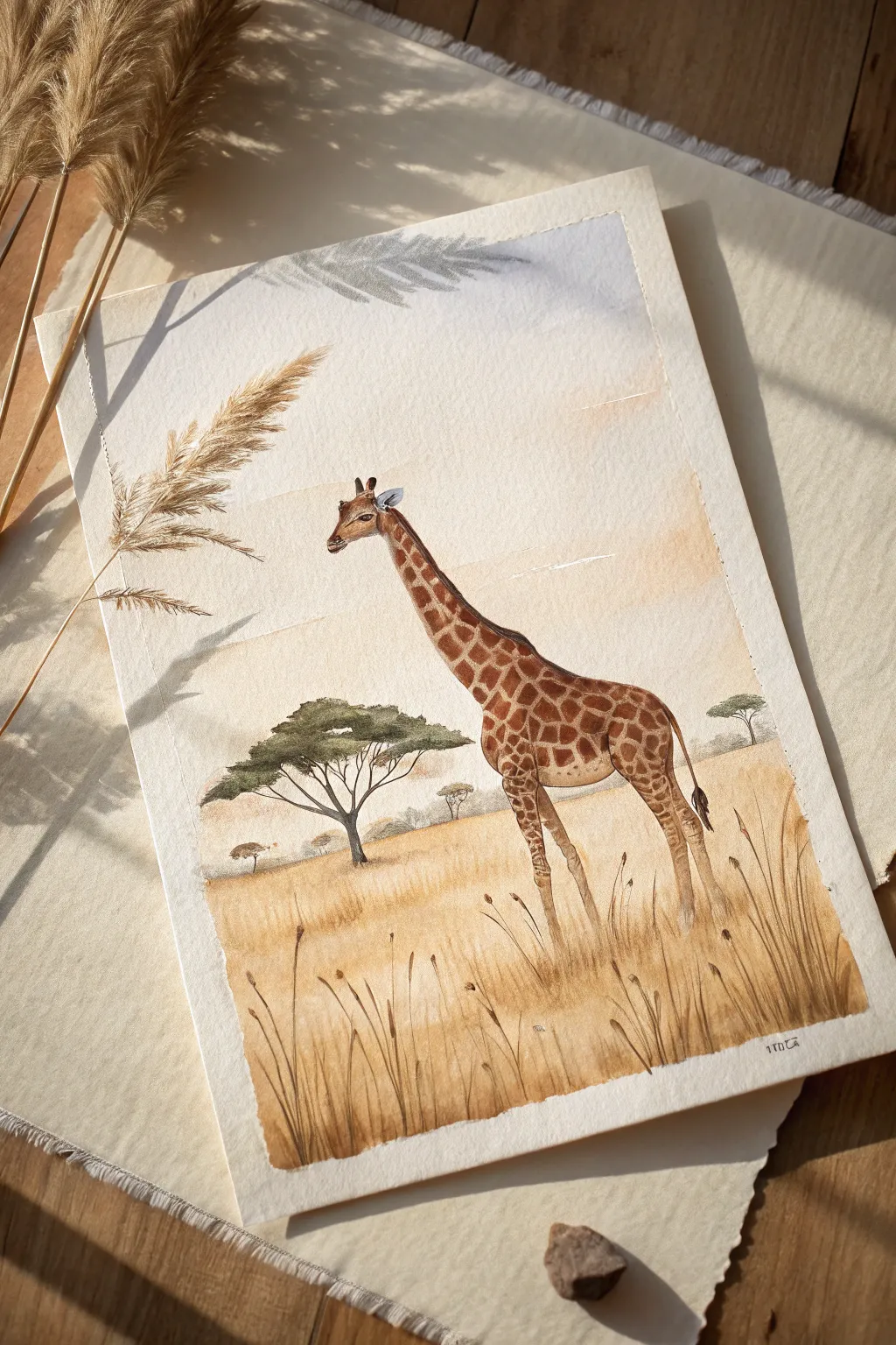 Minimalist full-body giraffe in warm savanna tones, with grounded shadow and distant acacia.