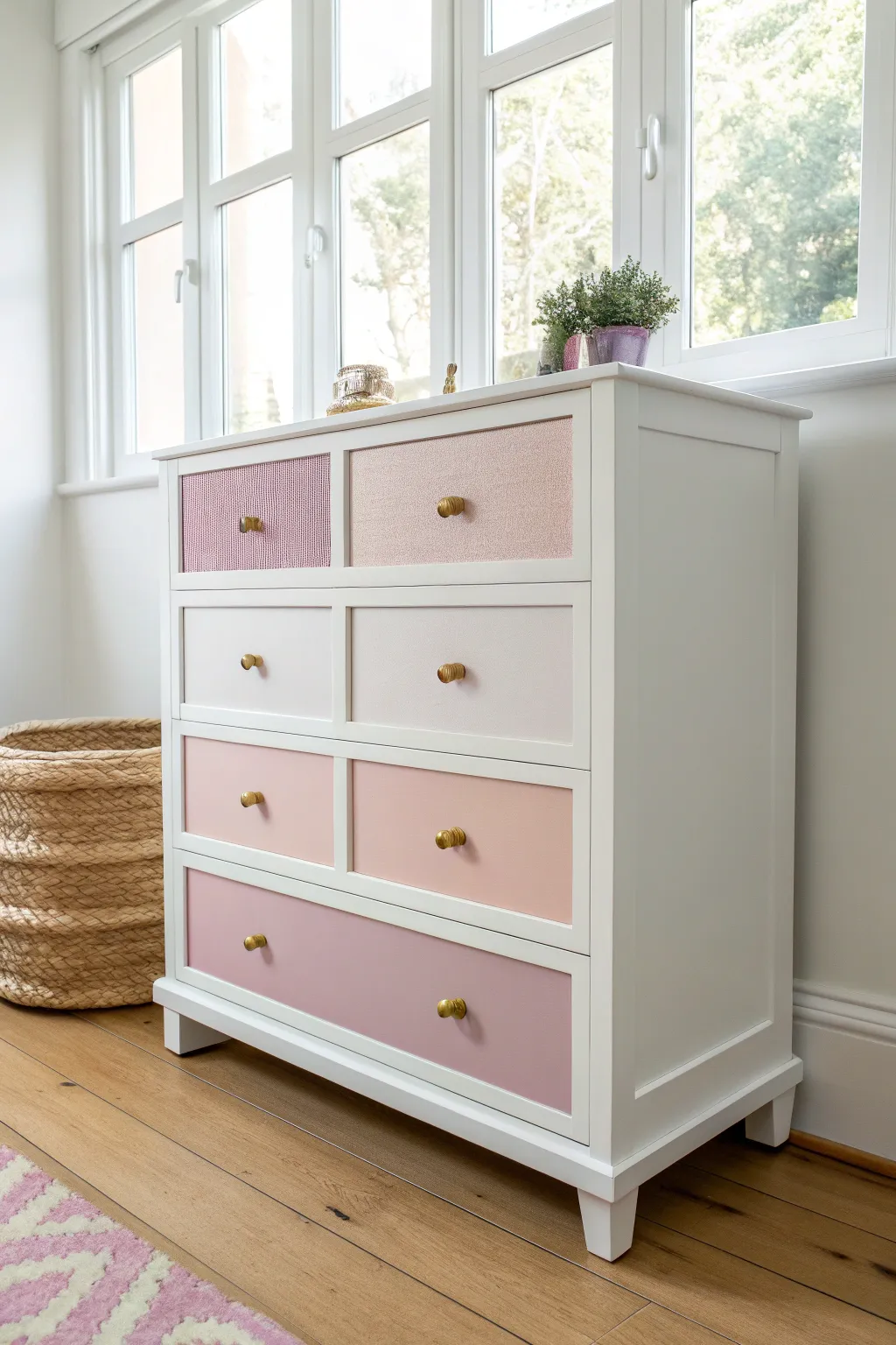 Crisp white frame with blush and lavender drawers, bright window light for a clean, happy look