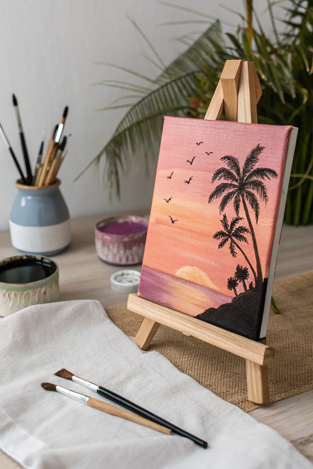 Sunset beach silhouette canvas for girls night painting, warm glow, minimalist boho calm