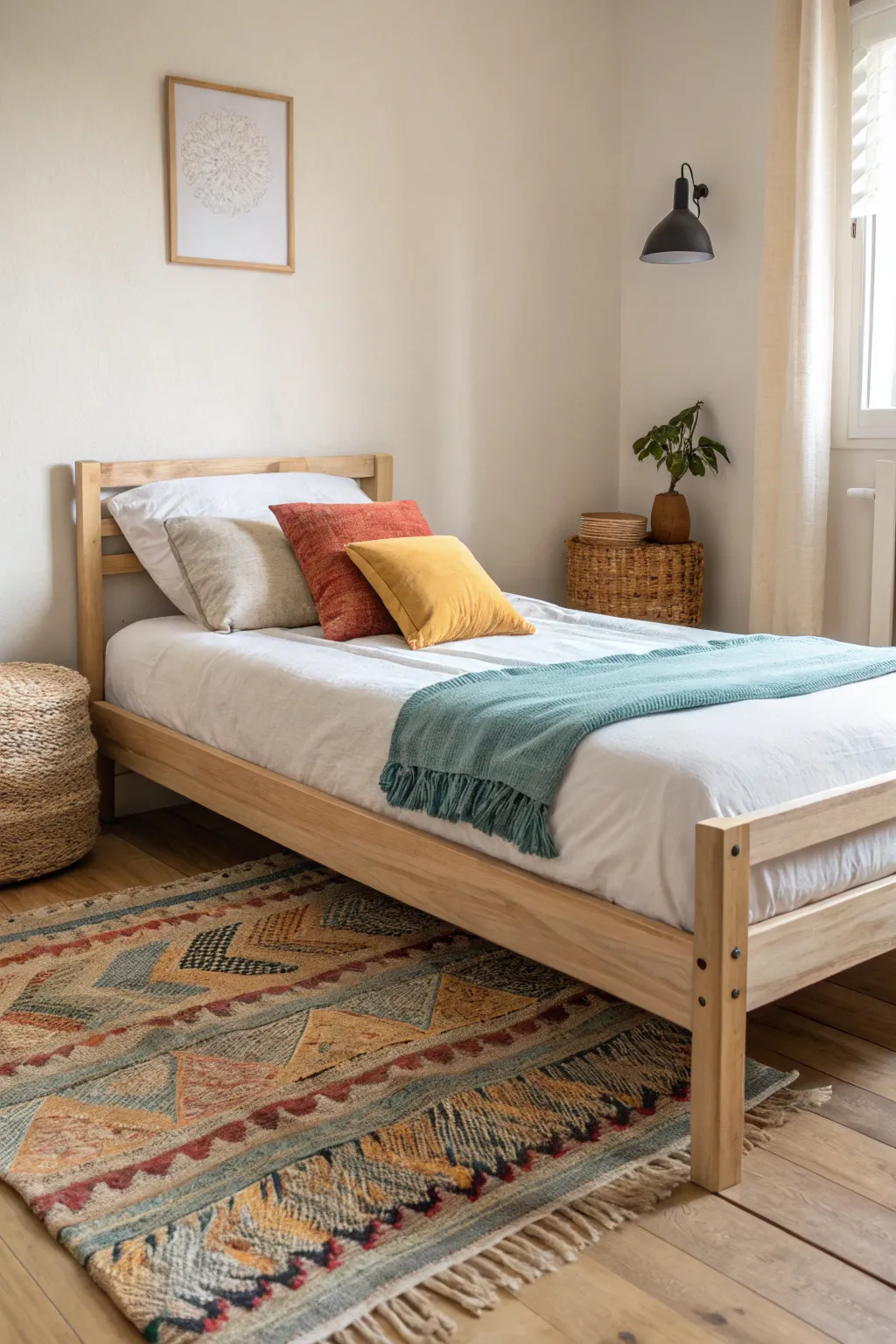 Warm off-white walls make colorful pillows and a cozy boho rug pop in a calm girls room