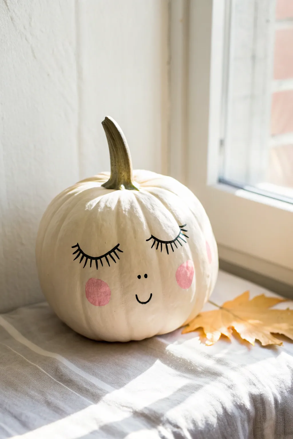 Pastel eyelash pumpkin with rosy cheeks on a bright minimalist background, sweet and simple