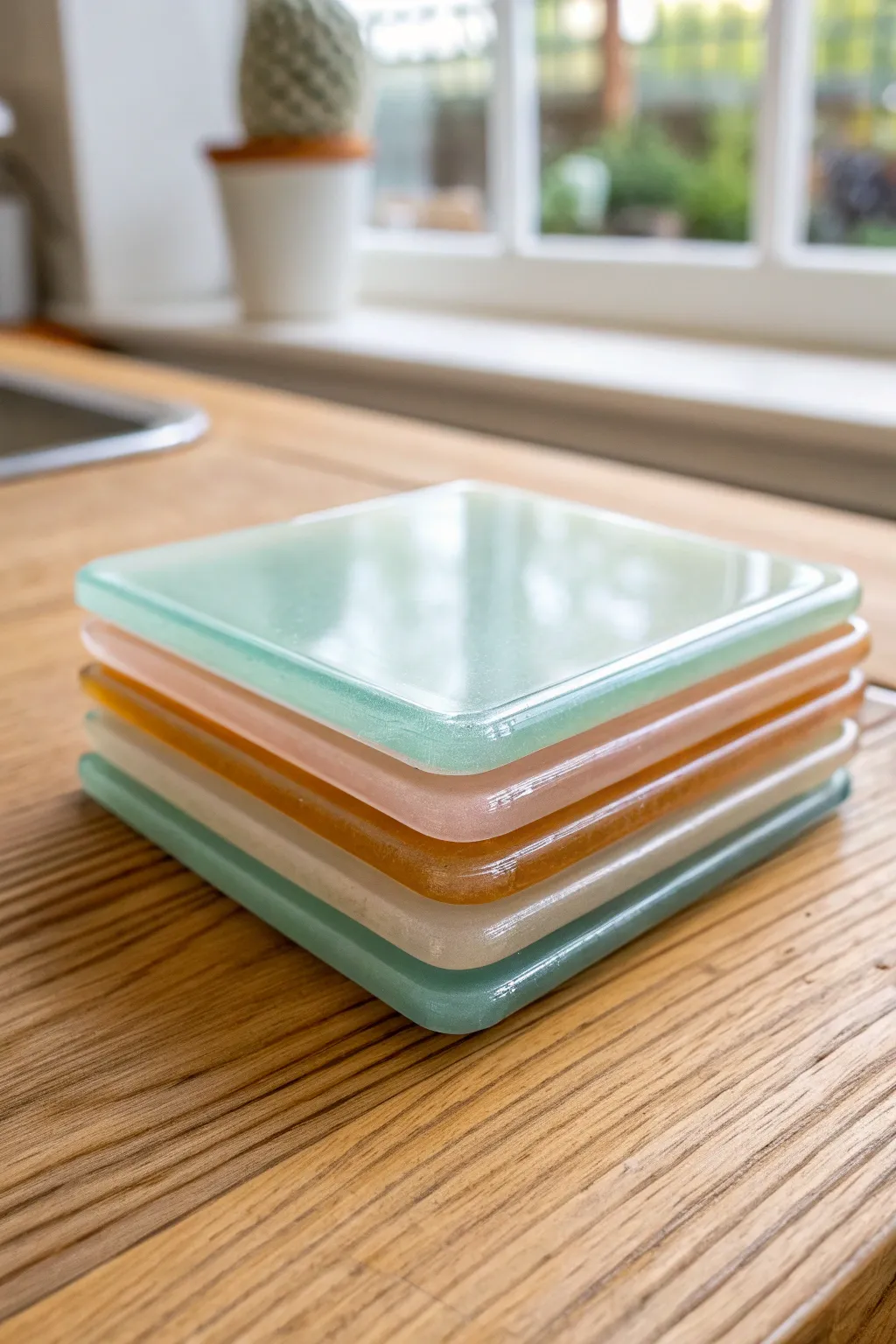 Layered fused glass coasters glowing on warm wood, simple Scandinavian boho styling.