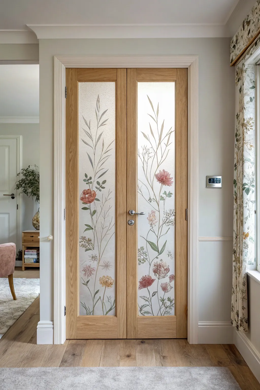 Frosted glass door with hand-painted florals, soft light for privacy and an airy boho feel.