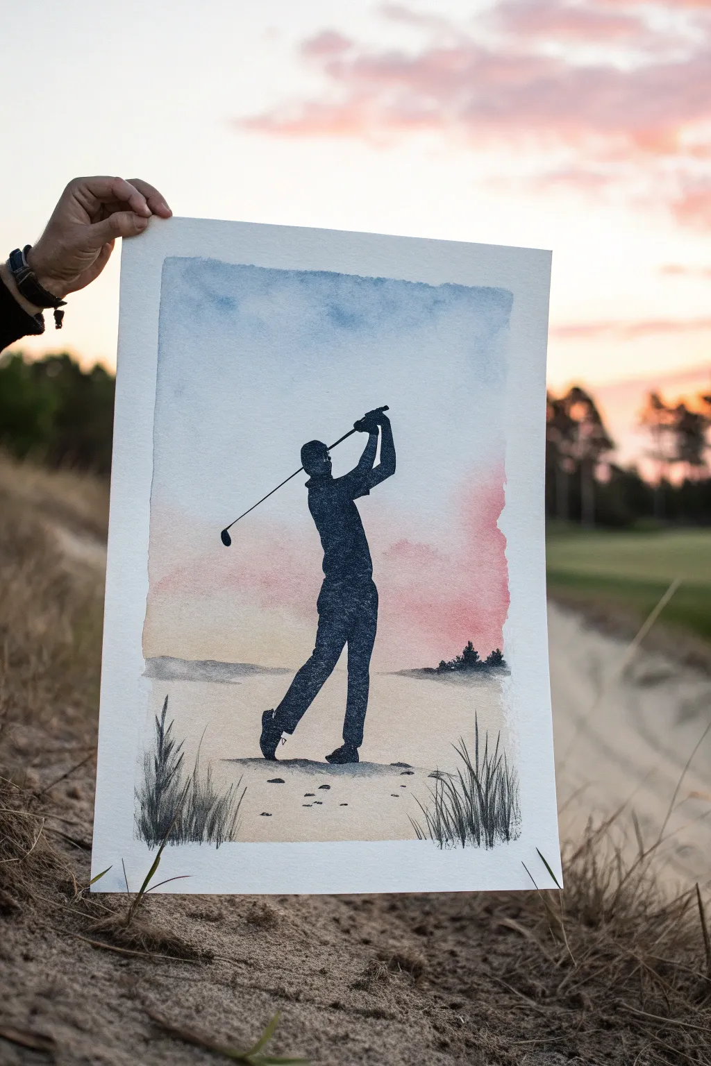 Minimal golfer silhouette mid-swing in high-contrast sky wash, calm Scandinavian boho style