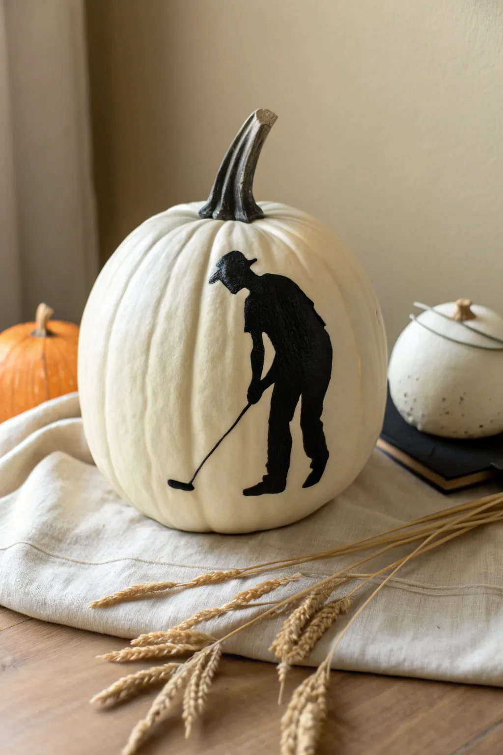Bold putting-stance stencil pumpkin with Scandinavian minimal style and a soft boho touch