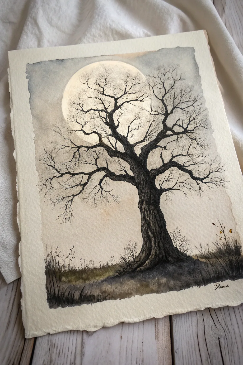 Moonlit twisted tree with drifting fog, gothic mood in clean Scandinavian minimal style.