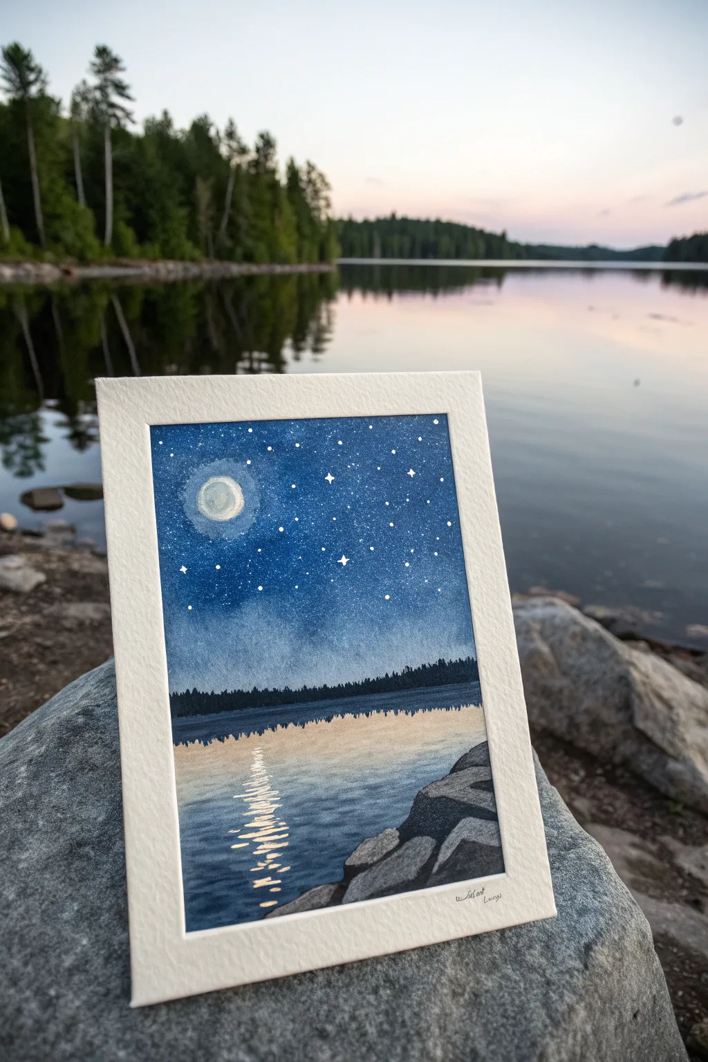 Indigo gouache starry night with crisp white ripples and moonlight reflection, calm and minimal.