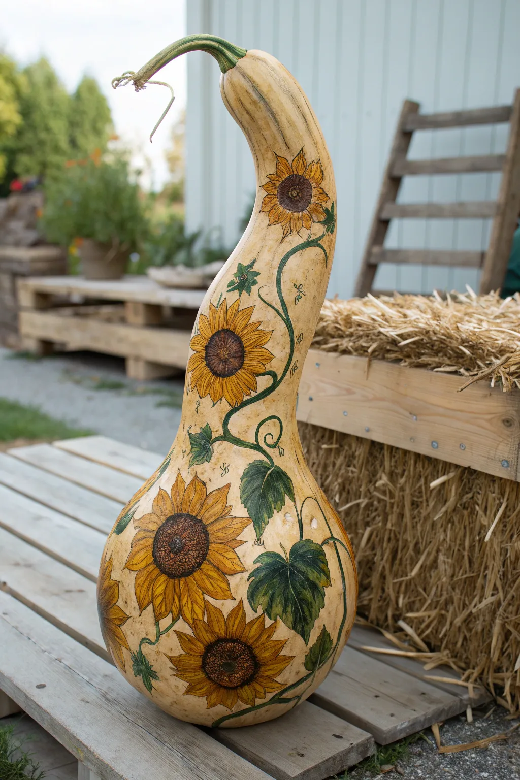Sunflower-painted gourd with winding green vines in warm golden light, rustic and minimal
