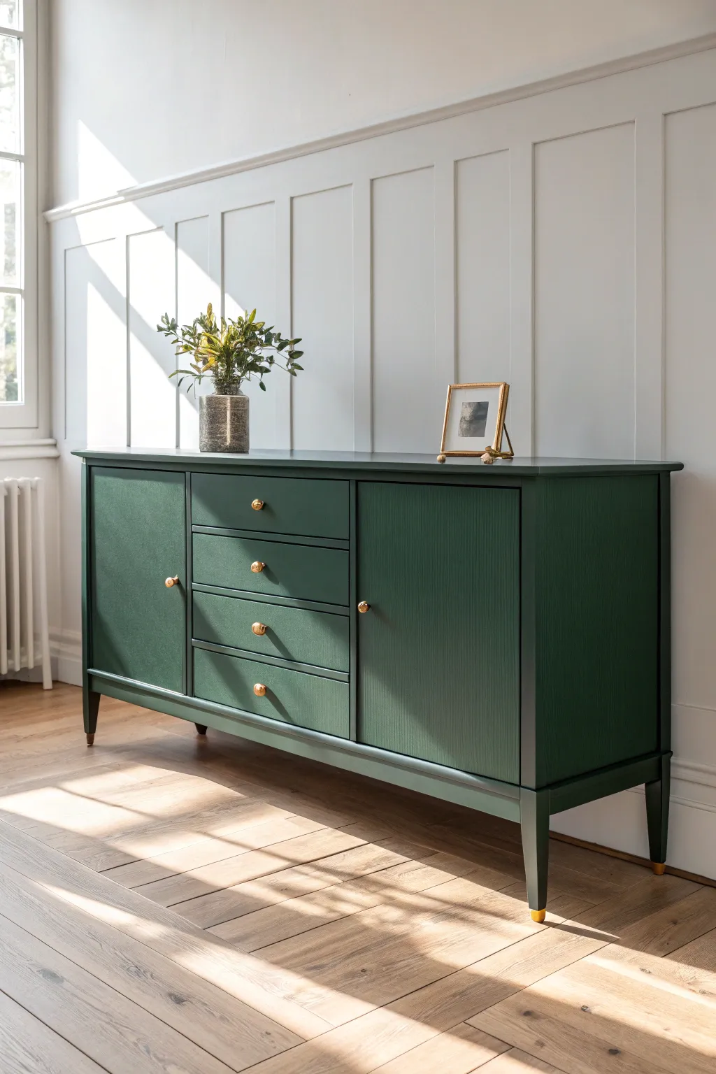 Moody forest green sideboard with clean lines and soft linen styling for calm, modern charm.