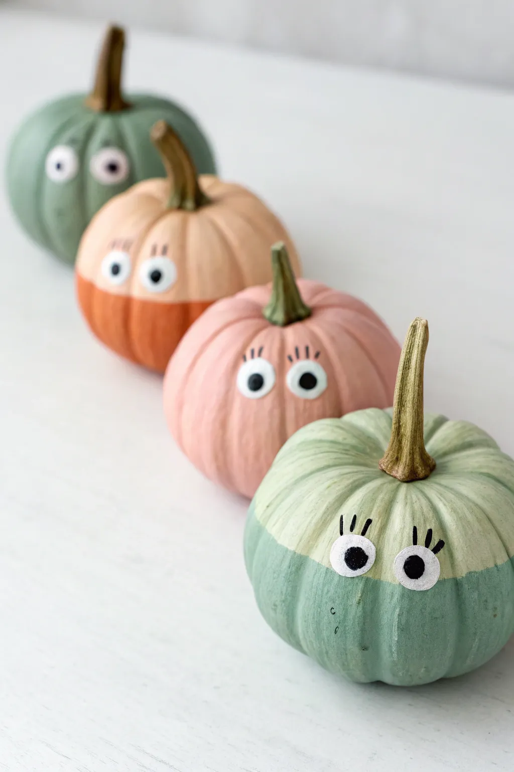 Four masked green pumpkins in a tidy lineup, minimalist Scandinavian style with boho color accents.
