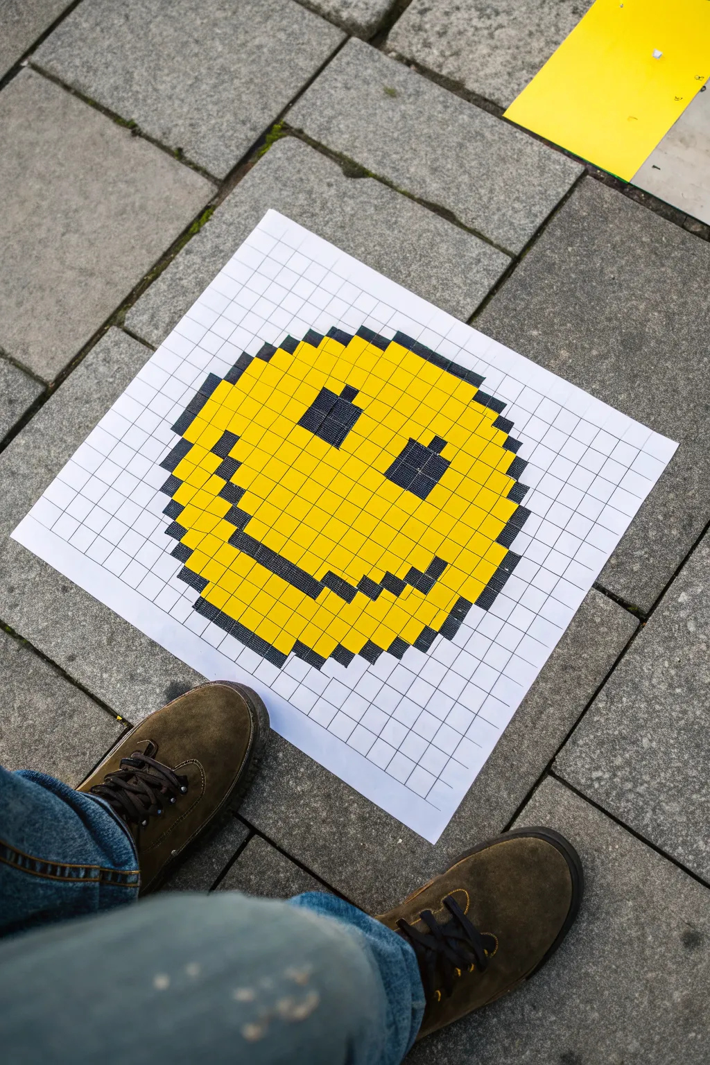 Bold pixel smiley on a crisp grid, sunny yellow contrast with minimalist Scandinavian calm.