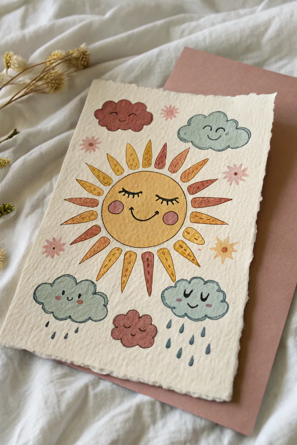 Groovy smiling sun and moody clouds in a retro palette, perfect for minimalist boho wall art.