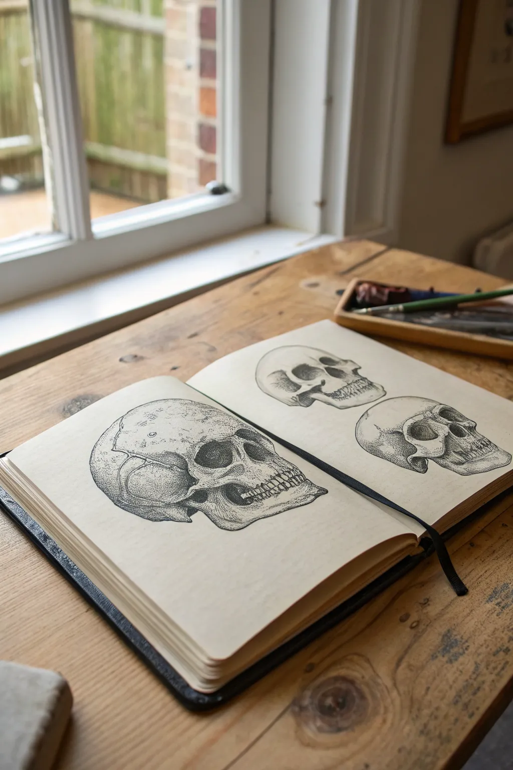 Scratchy skull and bone sketch with gritty crosshatching and soft smudged shadows.