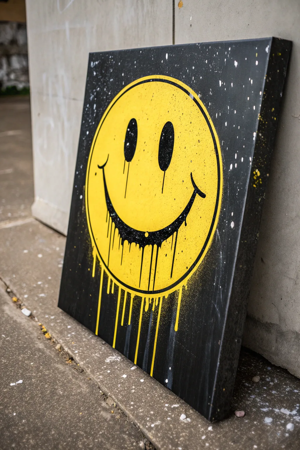 Grunge painting made easy: a bold yellow melting smiley on a dark, gritty minimalist background