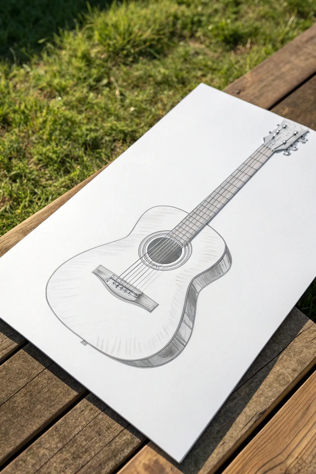 Classic acoustic guitar pencil shading with soft graphite tones and a crisp minimalist finish.