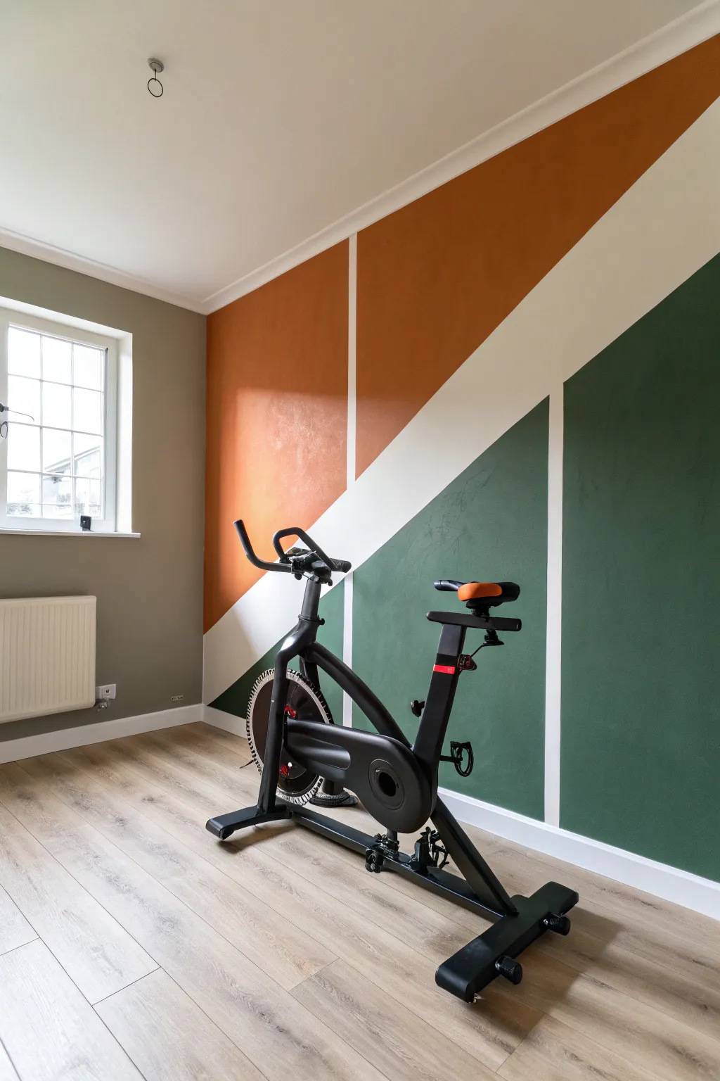 Chunky color blocks turn a bike nook into a bold training zone with calm Scandinavian vibes.