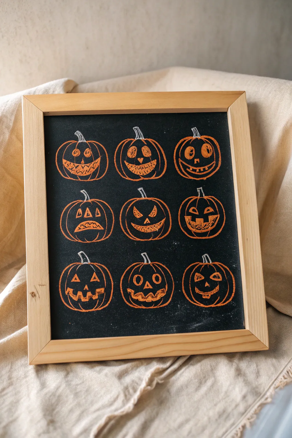 Minimal jack-o-lantern face sampler in orange chalk on blackboard, cozy Halloween practice.