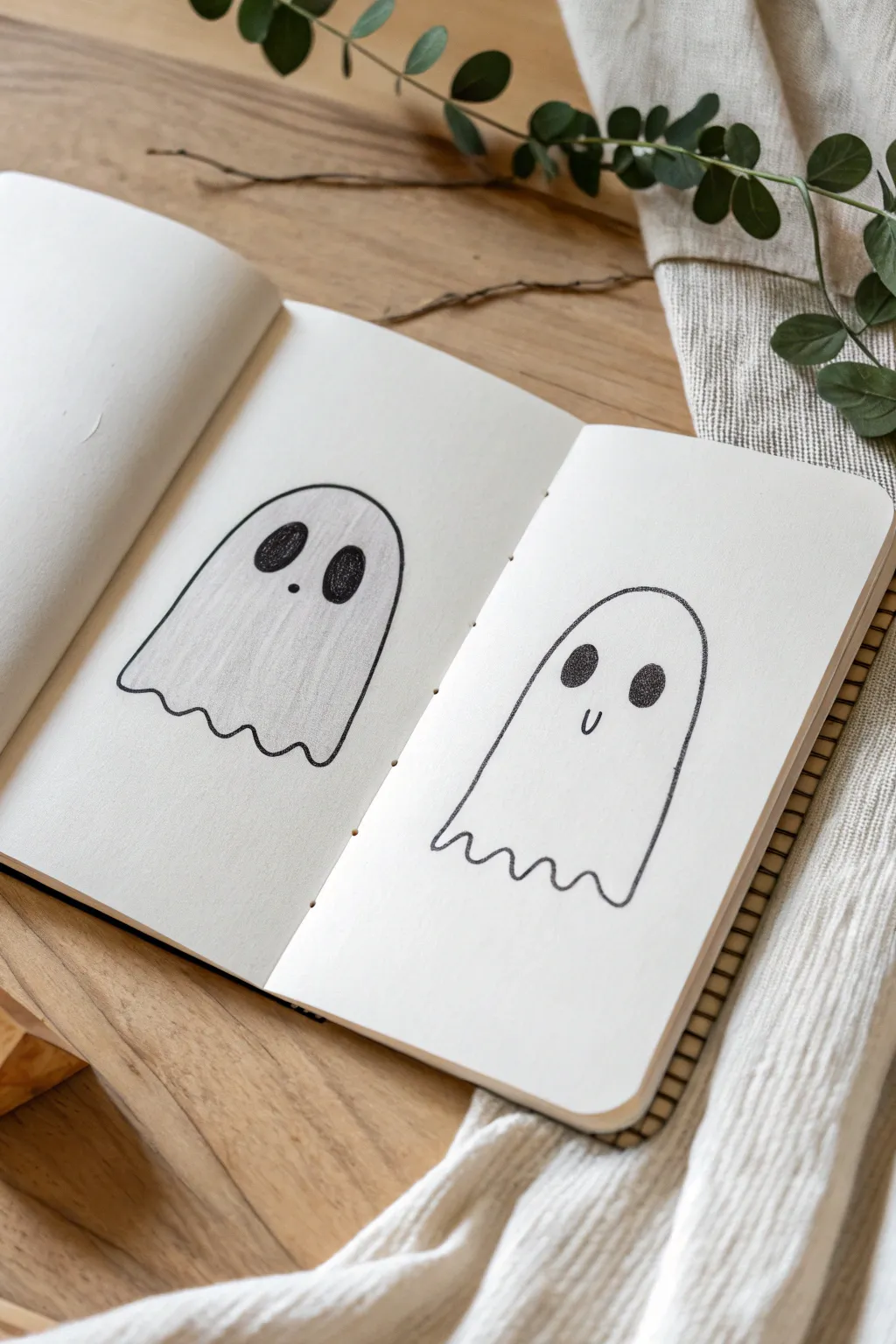 Classic sheet ghost doodle duo: one simple, one with a quick shadow for easy Halloween art.
