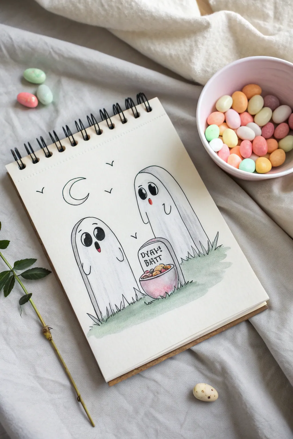 Adorable big-eyed sheet ghosts in minimalist watercolor, perfect for easy Halloween drawing